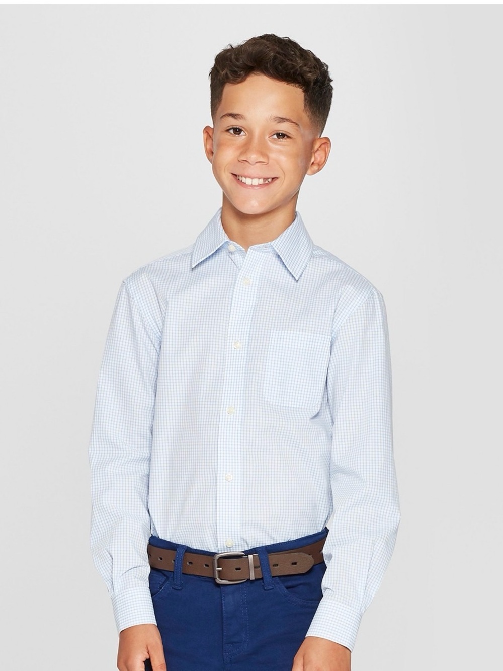 Cat & Jack Boys’ Long Sleeve Plaid Button-Down Dress Shirt Light Blue -Small 6/7